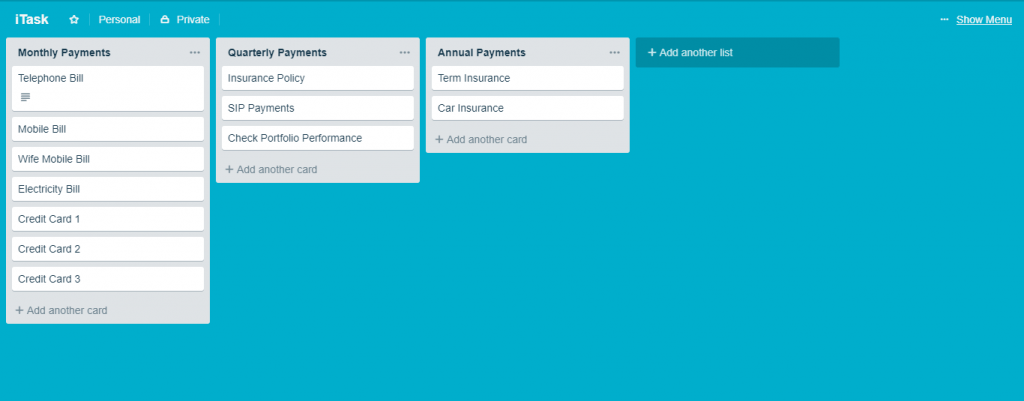 List of Tasks segregated in Trello Dashboard